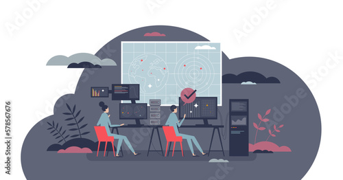 Cyber security control room with surveillance center tiny person concept, transparent background. Global satellite monitoring at government military command center illustration.