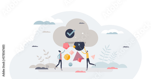 Cloud storage access as data upload to server database tiny person concept, transparent background. Information download and sync as digital archive and file transfer solution illustration.