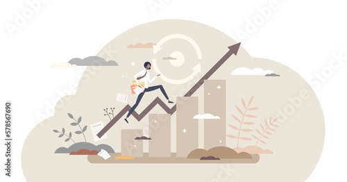 Consistency as business growth or development stability tiny person concept, transparent background. Maintain upward movement or keep same efficiency for target ambition illustration.