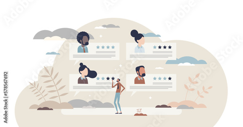 Customer online reviews about product satisfaction tiny person concept, transparent background. Purchase quality evaluation and rating comparison with stars review illustration.
