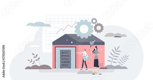 Data warehouse with file server storage for big database tiny person concept, transparent background. Large collection of backup information and hosting services illustration. IT rack infrastructure.