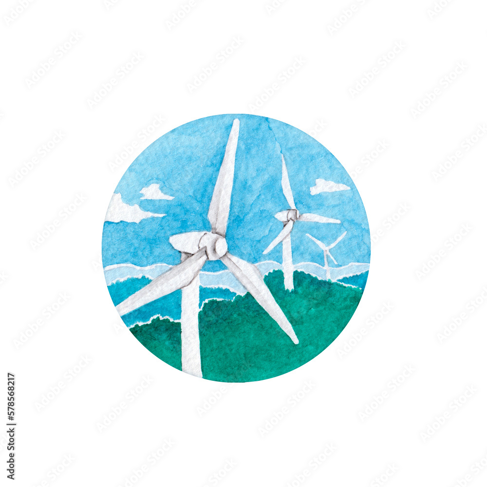風力発電 エネルギー発電 アイコン 水彩 イラスト 風力発電 エネルギー発電 アイコン 水彩 イラスト
