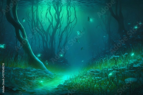 a lush underwater deepsea forest, dark, bioluminscent. generative AI photo