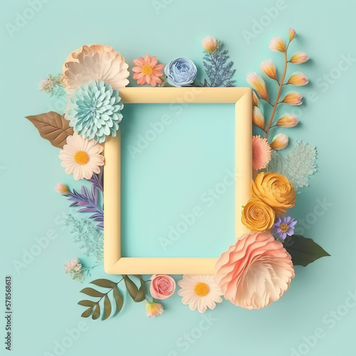 Illustration frame copy space decorate with cute flower background. Cute arrangement of a frame. 3D realistic illustration. Based on Generative AI