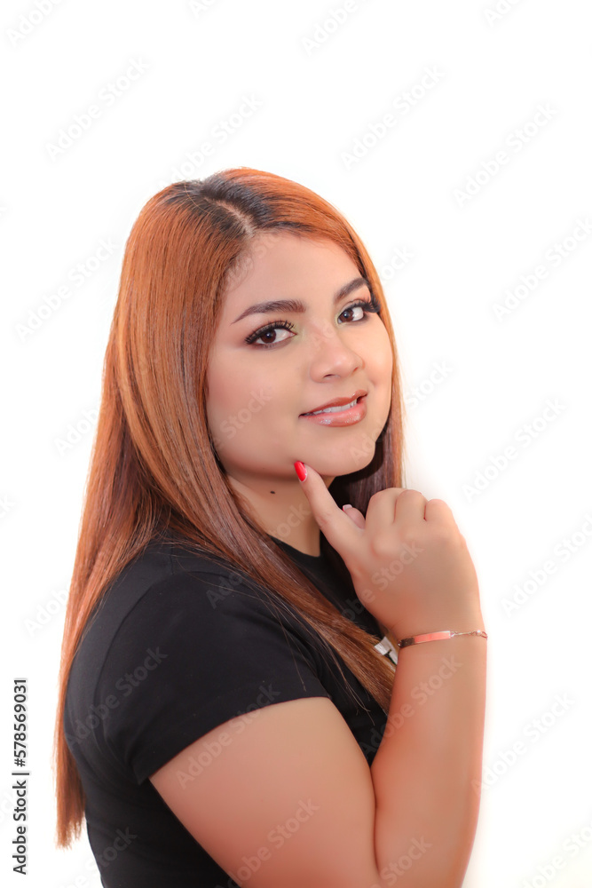 Cute caucasian mexican woman portrait, with dyed red hair and straight hair, on a white background Cute caucasian mexican woman portrait, with dyed red hair and straight hair, on a white background