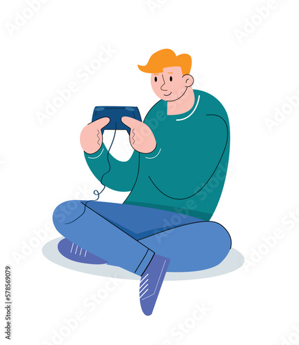 character people holding game console vector illustration