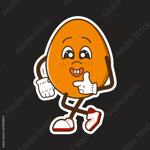 the egg character is cheerful, happy, pointing with his index finger, vector character in the style of the 90s, 2K, retro sticker