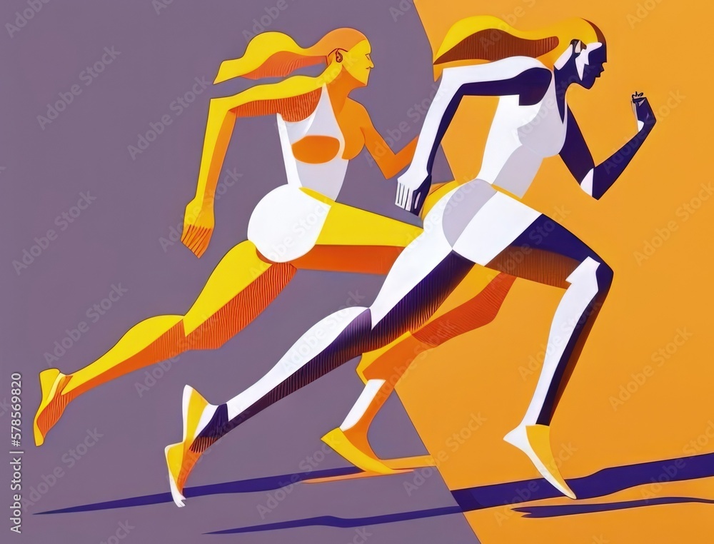 Two athletes sprinting against each other reinforcing the idea of competition. Art concept. AI generation.