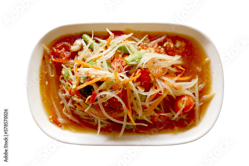 Spicy papaya salad yummy or somtum is a Thai foods in isolated background. photo