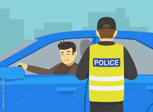 Roadside drug and alcohol testing. Traffic police officer pulls over a drunk male driver for the purpose of alcohol testing. Flat vector illustration template. 