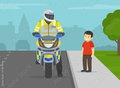 Happy kid talking to motorcycle patrol. Little boy looking at police officer. Front view. Flat vector illustration template.