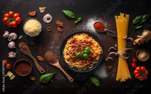 Italian food with spaghetti ingredients top view with copy space