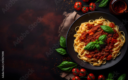 Italian food with spaghetti ingredients top view with copy space