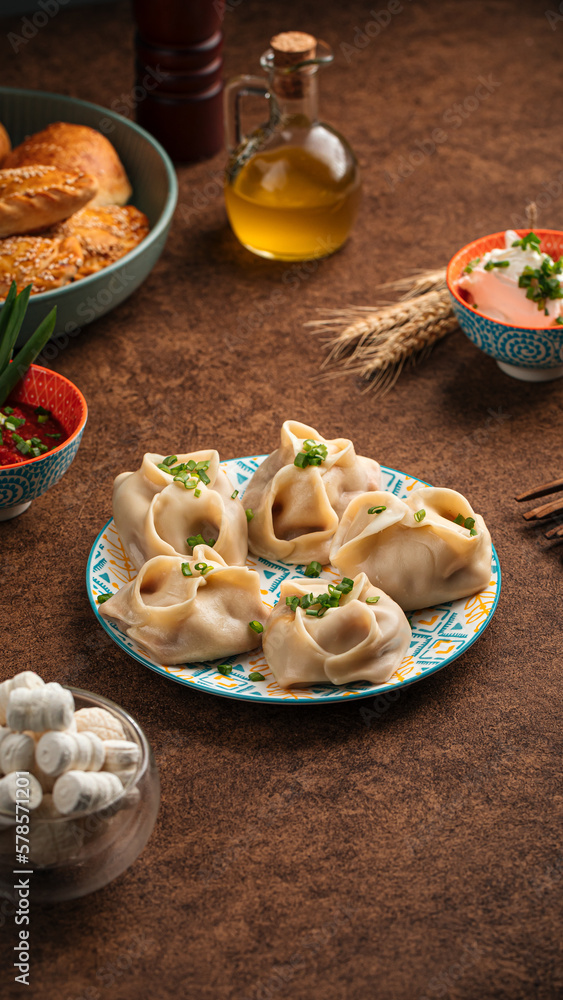 Portion of steamed tatar oriental manti dumplings Portion of steamed tatar oriental manti dumplings