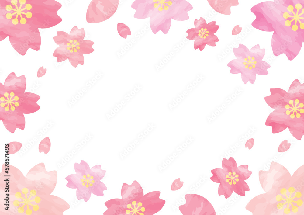 桜と桜の花びらが舞い散るフレーム_水彩