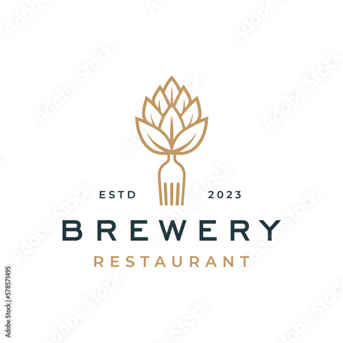 Brewery with fork logo vector hipster retro vintage label illustration