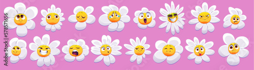 Cute daisy flower character with smiling face. Different emotions of chamomile. Emoji icons with funny daisy character isolated on pink background, vector cartoon set