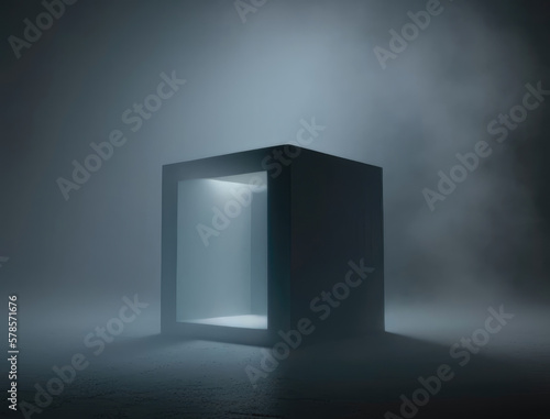 Unending fog illuminated by a glimmer. Podium  empty showcase for packaging product presentation  AI generation.