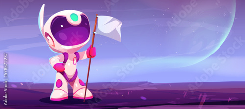 Cute astronaut standing on alien planet surface with white flag. Vector cartoon illustration of funny spaceman in cosmic suit against outer space background with moon and stars. Scientific discovery