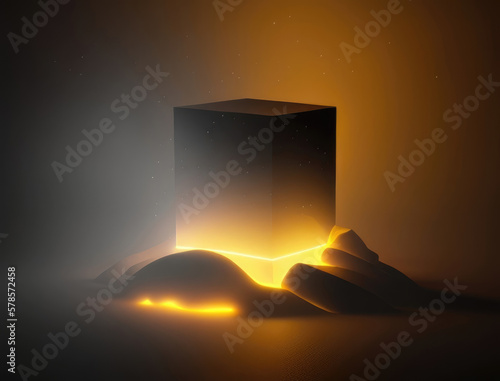 Writhing fog lit by a molten glimmer. Podium, empty showcase for packaging product presentation, AI generation.