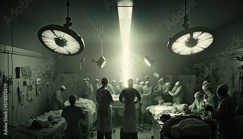 Hospital, The Surgical Room, The antiseptic smell of the room fills the air, while the bright surgical light shines down on the patient and medical team Generative AI