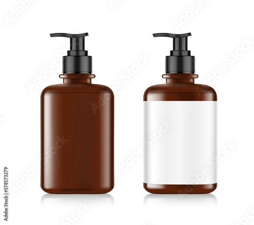 Realistic brown bottle with black dispenser mockup. Vector illustration isolated on white background. Perfect for the presentation of cream, tonic, soap disinfectant, etc. EPS10.	