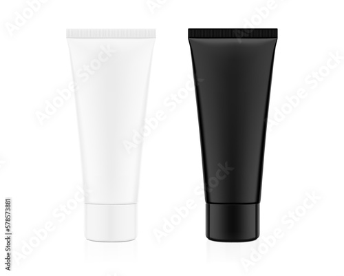 White and black plastic tube mockups. Front view. Vector illustration isolated on white background. Can be use for your design, advertising, promo and etc. EPS10.