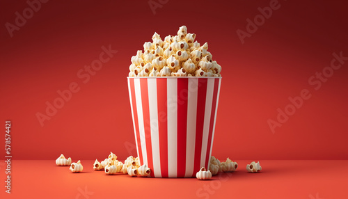 3D big sizes popcorn stripped bucket illustration on a red background. Generative AI