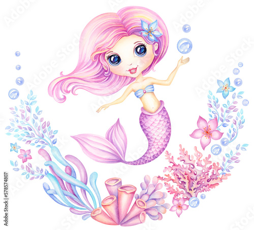 Cute beautiful little mermaid in floral sea wreath, watercolor hand drawing, Fairytale marine cartoon, underwater fairy princess in frame of seaweed, corals and flowers for a girls birthday card