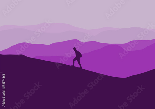 person silhouette hiking in the mountains, vector illustration. © Fajarhidayah11
