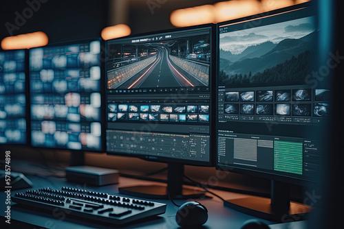 Monitors with images from security cameras in monitor surveillance room. Generative AI