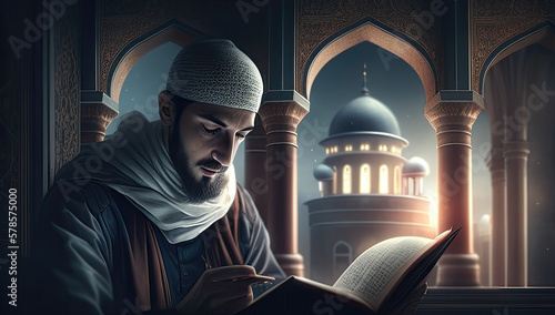 muslim man praying on a starry and crescent moon moon night. Ramadan concept. Generative AI