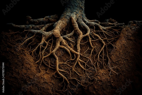 Tree roots in soil underground texture. Generative AI. Digital Art Illustration
