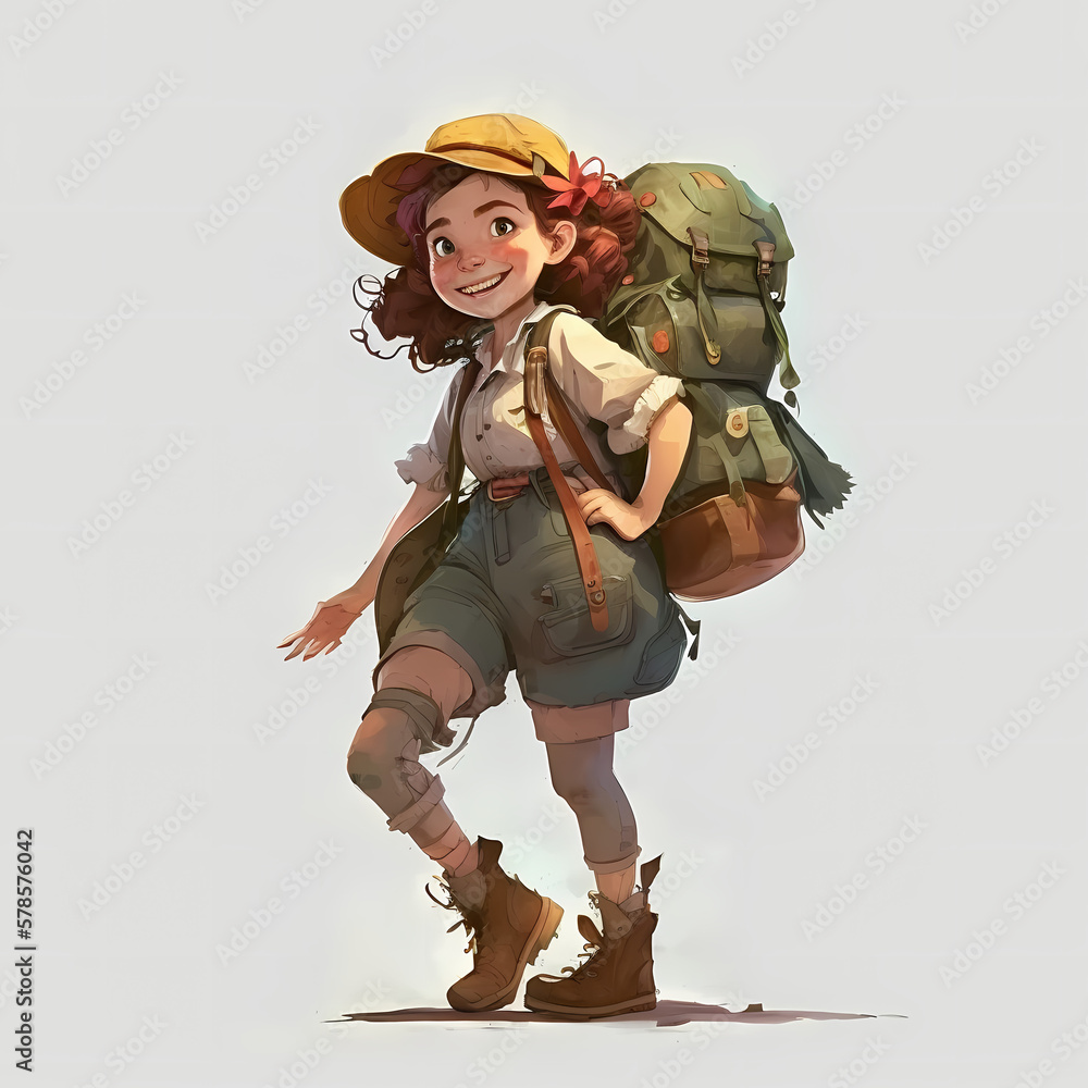 Happy smiling girl adventurer isolated white. generative AI Happy smiling girl adventurer isolated white. generative AI
