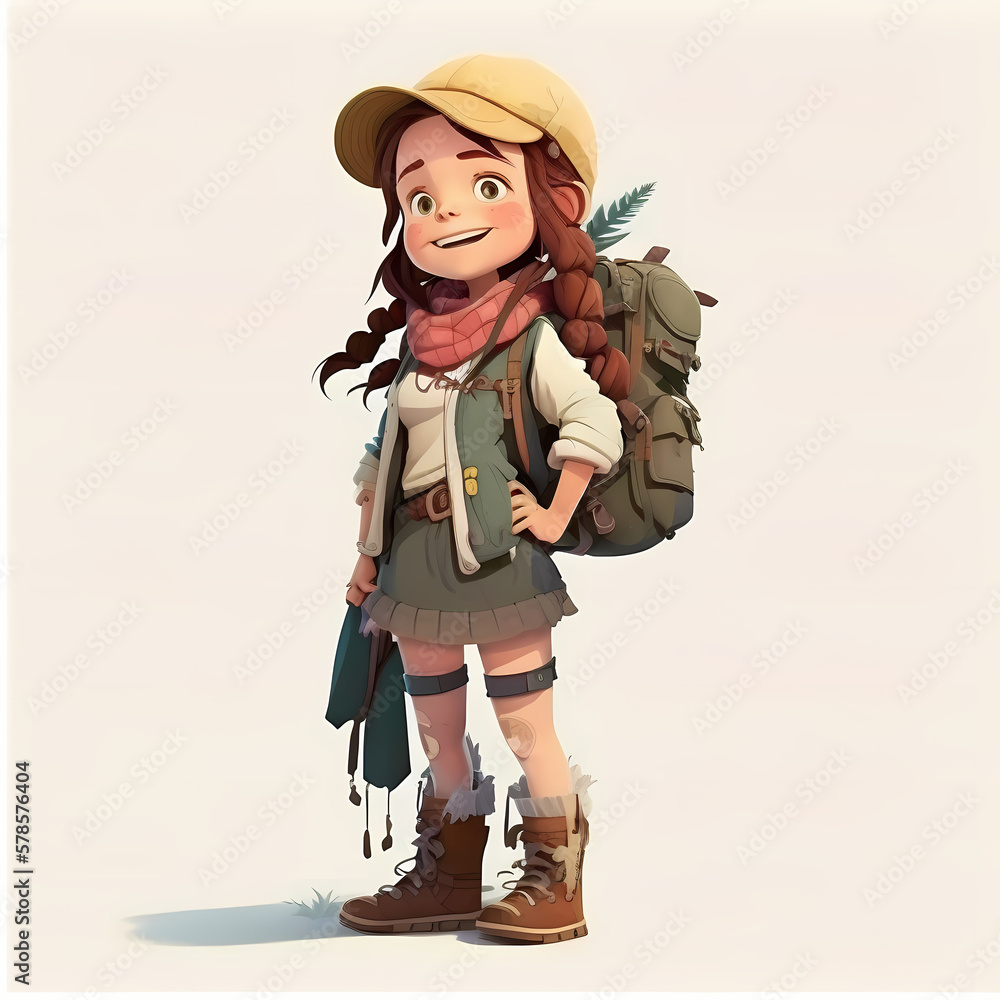 Happy smiling girl adventurer isolated white. generative AI Happy smiling girl adventurer isolated white. generative AI