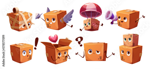 Cute parcel box character, happy delivery mascot. Funny cardboard package box for warehouse, mail and shipping with question mark, wings, megaphone and parachute, vector cartoon set