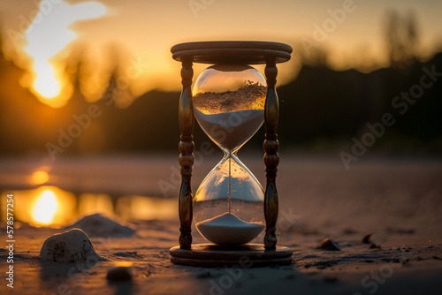 Hourglass, sandglass, sunset background. Generative AI