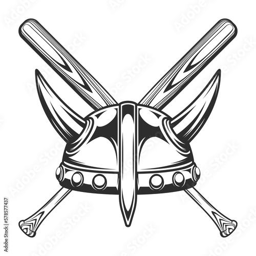 Viking helmet with baseball bat club emblem design elements template in vintage monochrome style isolated vector illustration
