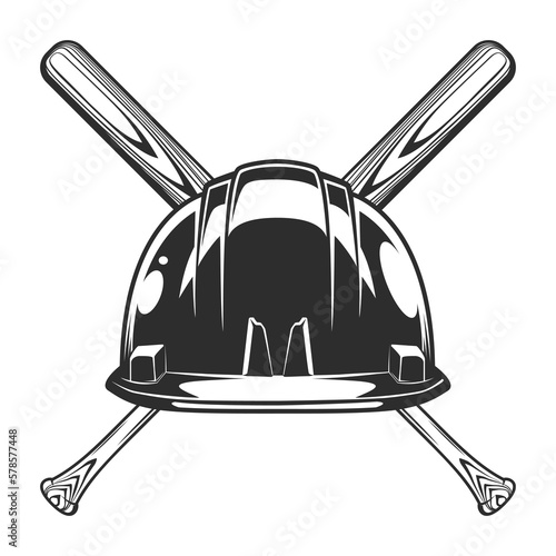 Hard hat construction helmet with baseball bat club emblem design elements template in vintage monochrome style isolated vector illustration