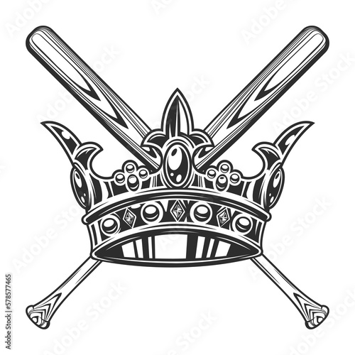 Baseball bat with king crown club emblem design elements template in vintage monochrome style isolated vector illustration