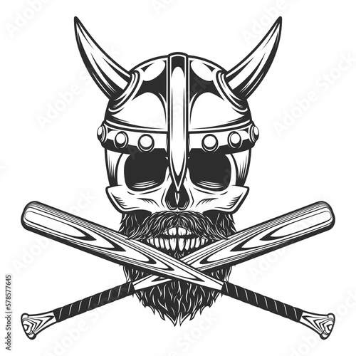 Viking skull in horned helmet with beard and mustache with baseball bat club emblem design elements template in vintage monochrome style isolated vector illustration
