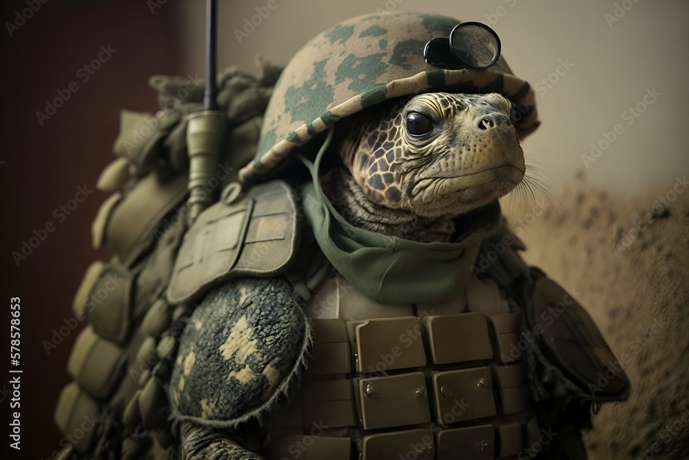 Portrait of a box turtle in a tactical military uniform, generative ai