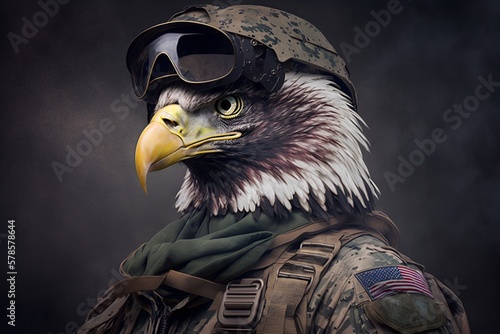 Portrait of an american bald eagle in a tactical military uniform and helmet, generative ai	