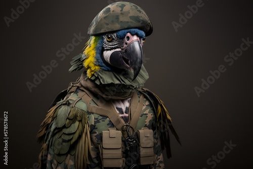 Portrait of a macaw in a tactical military uniform, generative ai
 photo