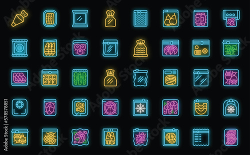 Vacuum bags icons set outline vector. Foil pack. Clear plastic neon color on black