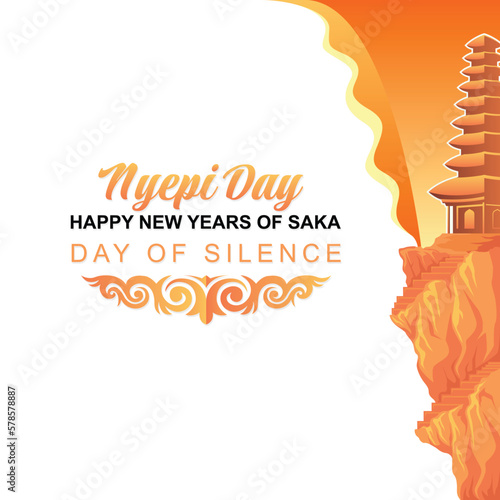Bali's Day Of Silence And Hindu New Year Vector Illustration fit for Poster Banner and Template, Indonesain Bali's Nyepi Day, Hari Nyepi, Hindu Statue Silhouette and Temple