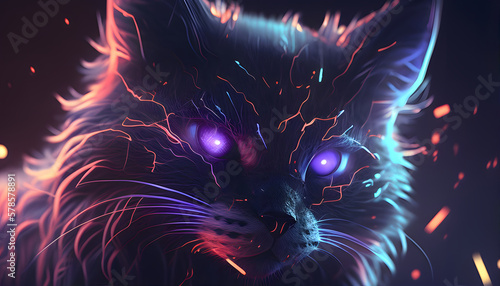 3D Rendered Fantasy Cat Made of Neon Light - Digital Art