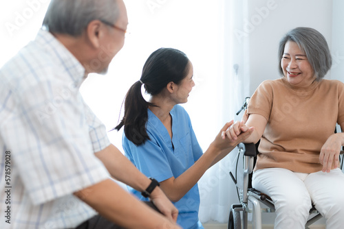 health insurance of retired assistance concept, woman nurse or doctor help support senior patient at home, medicine caregiver having medical health care for elderly female to happy care at home