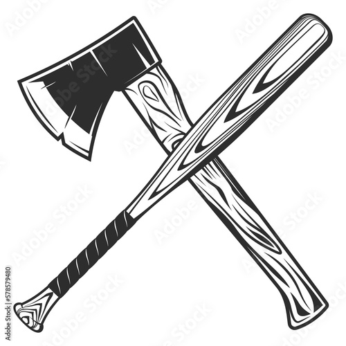 Lumberjack axe with baseball bat club emblem design elements template in vintage monochrome style isolated vector illustration