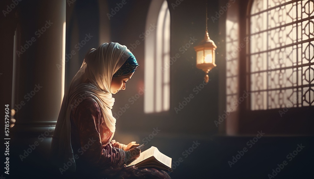 muslim women praying in mosque, Generative AI